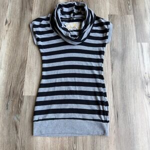 Vintage Y2K Poof For The Planet Grey Black Striped Cowl Neck Tunic Top M Grunge